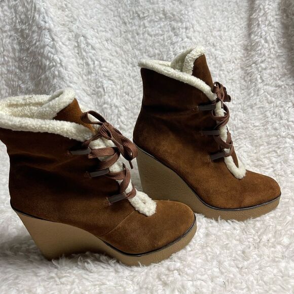 Mia Brown suede lace up wedge boots faux fur lining faux leather trim SZ10 - Picture 1 of 12